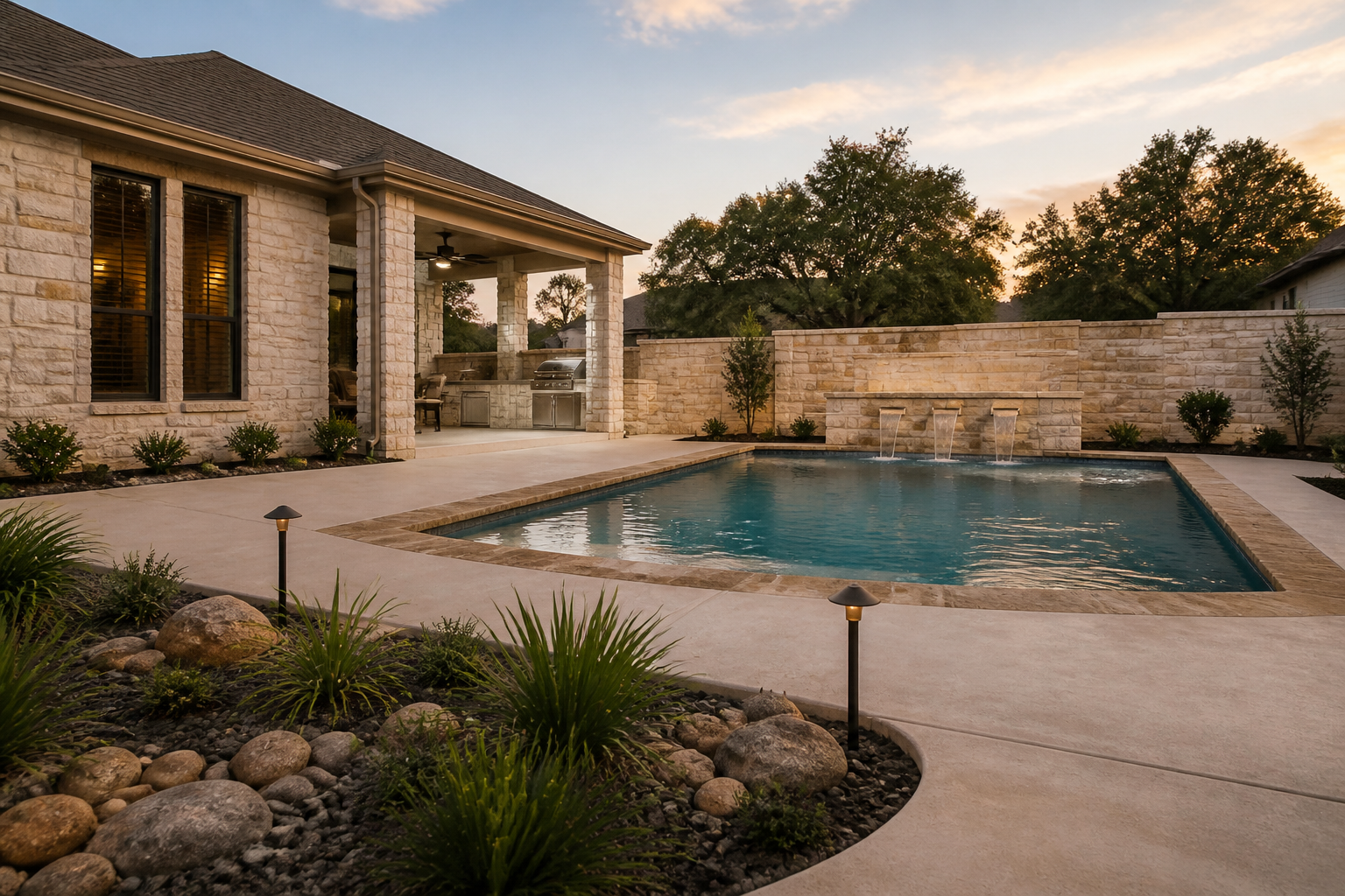 Albañilería, paisaje y construcción en Anderson Mill, Texas