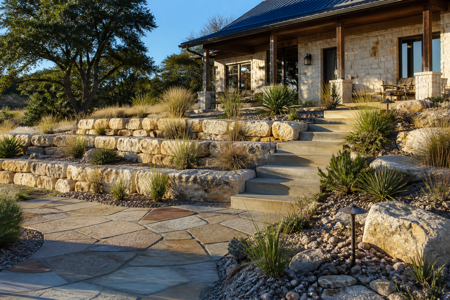 Albañilería, paisaje y construcción en Bertram, Texas