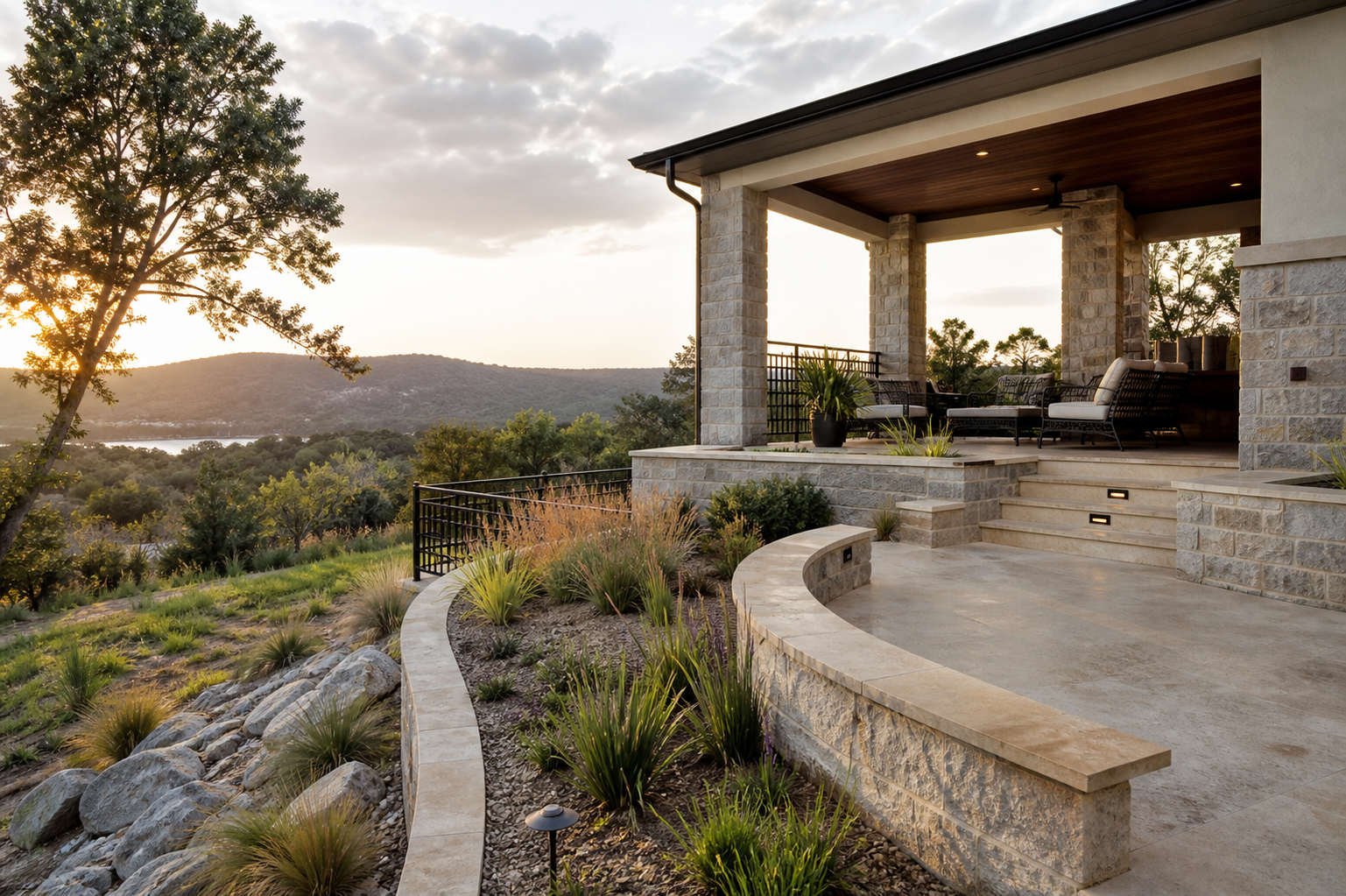 Albañilería, paisaje y construcción en The Hills, Texas