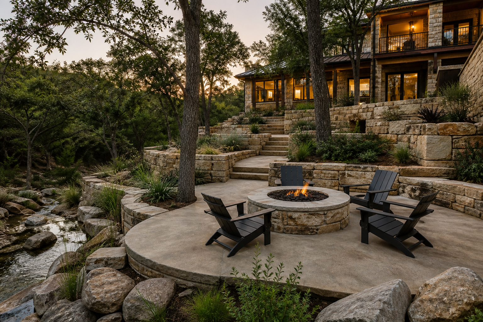 Albañilería, paisaje y construcción en Wimberley, Texas